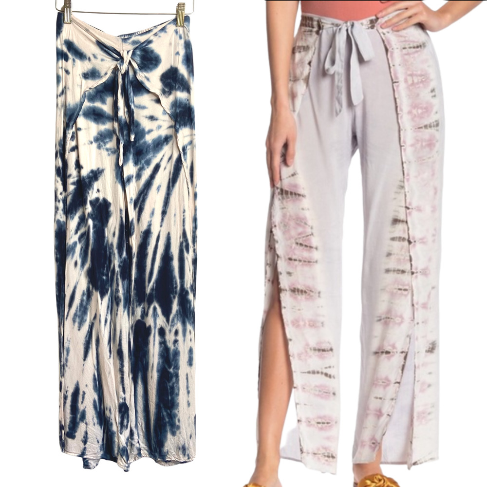 Young, Fabulous & Broke Fauna Pant Blue Beige Tie Dye Side Split Boho XS